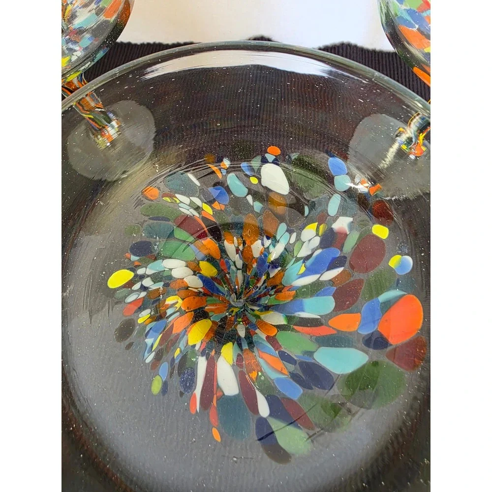 Set of 3 Hand Blown Mexican Margarita Glasses with Colorful Confetti Swirl Stems